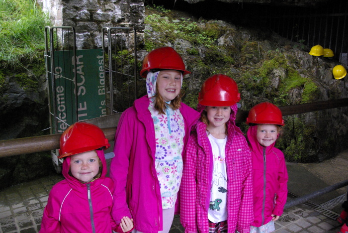 Getting our hard hats on at White Scar Cave