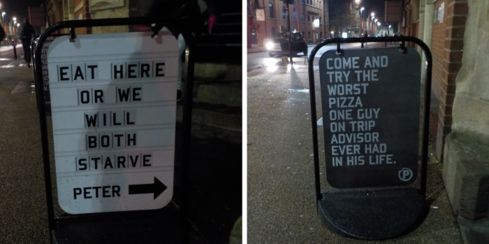 Signs at Peter Pizzeria Leicester